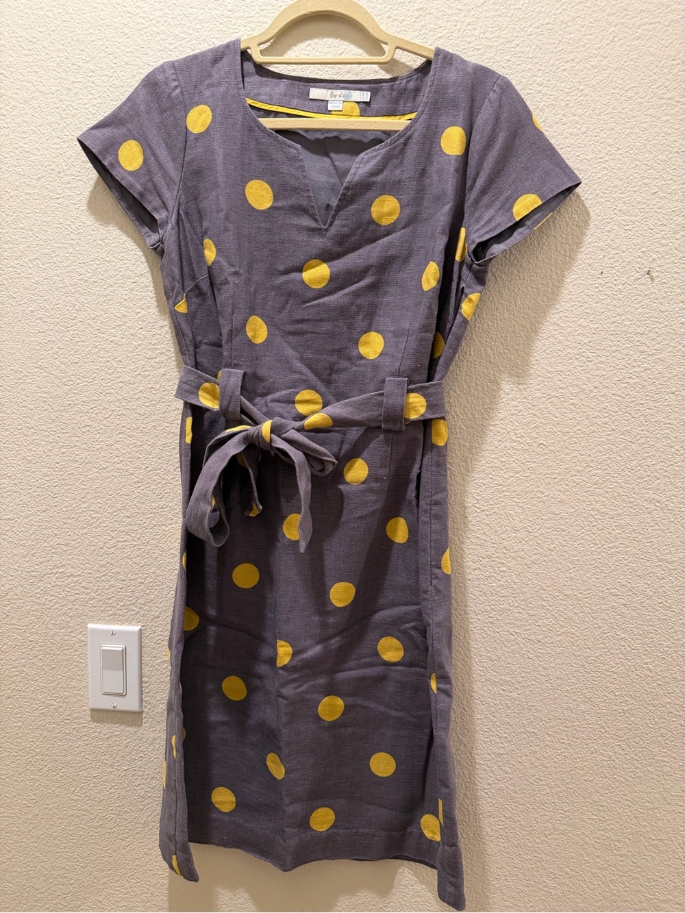 Boden Gray Yellow Polka Dot Belted Dress Size 6